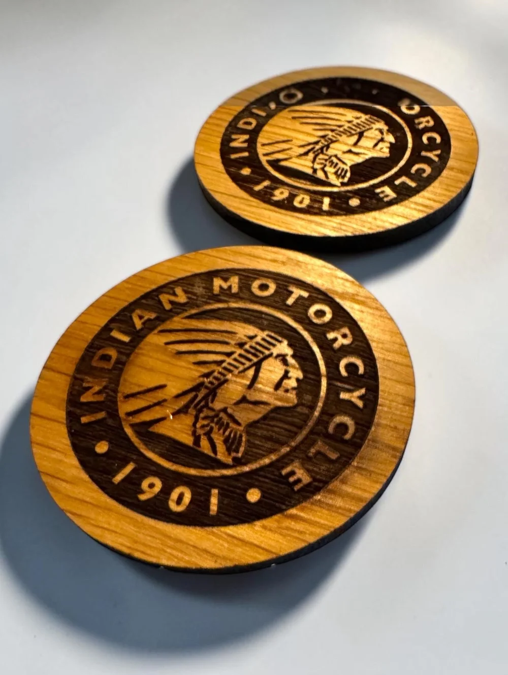 Indian Motorcycle 1901 Logo Wooden Coasters Set of 2 Engraved Wood Biker Decor